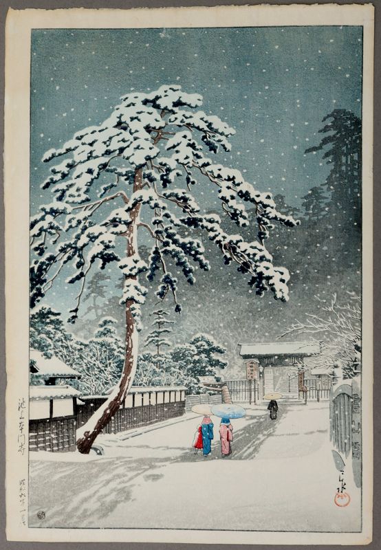 Hasui Kawase Japanese Woodblock Print Honmon Temple Ikegami in Snow