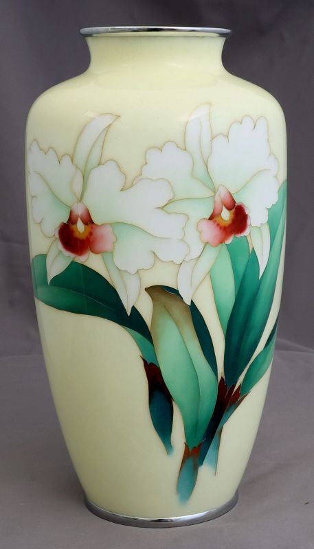 Japanese Showa Period Cloisonne Enamel Cattleya Orchids 9.75" High