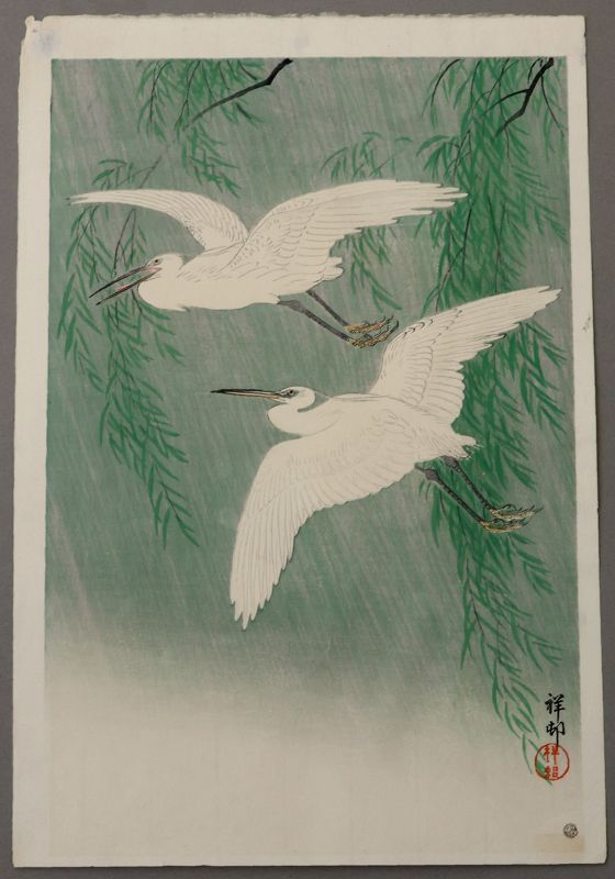 Ohara Koson Shoson Japanese Woodblock Print Egrets in Rain Willow Tree